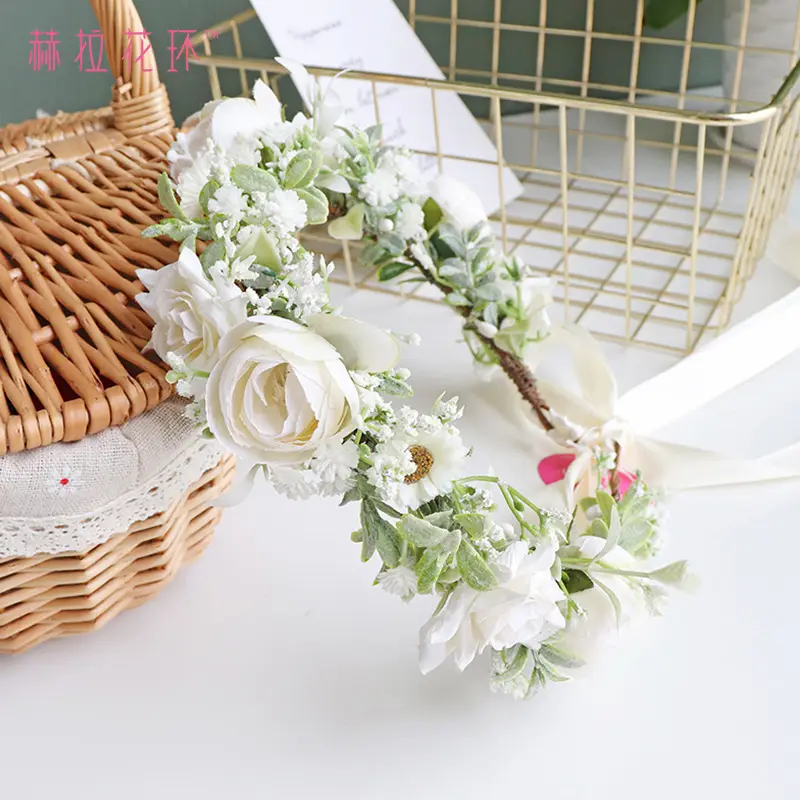 Korean Gypsophila Flower Crown for Bride & Camellia Bud Garland - Image 4
