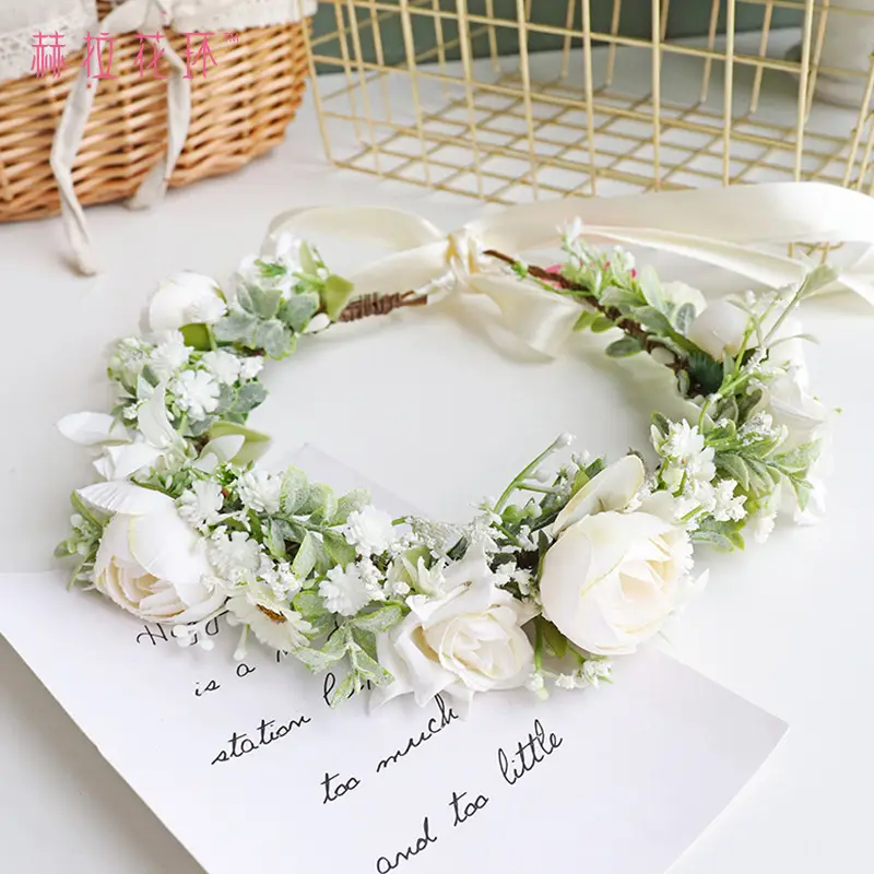 Korean Gypsophila Flower Crown for Bride & Camellia Bud Garland - Image 5