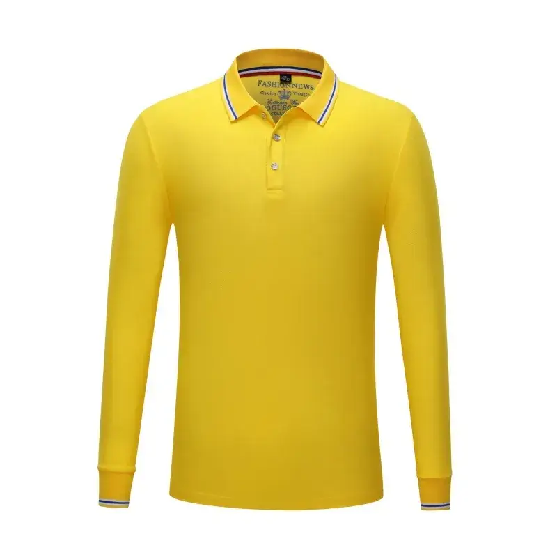 Men Yellow Cotton Polo T-Shirt Long Sleeve - Image 3