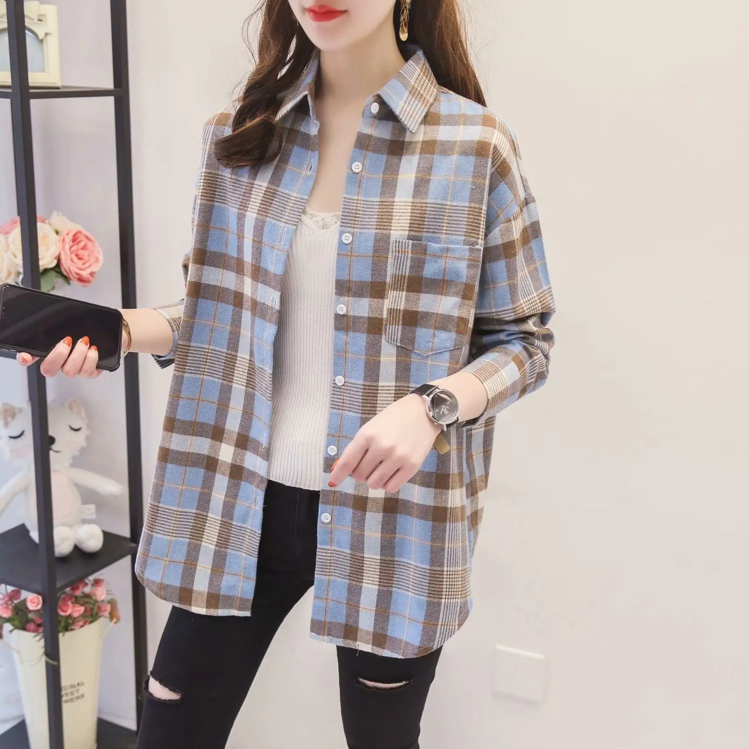 Women Plaid K-Style Shirt Summer 2024 Loose Brushed - Image 10