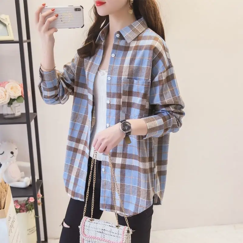 Women Plaid K-Style Shirt Summer 2024 Loose Brushed - Image 11