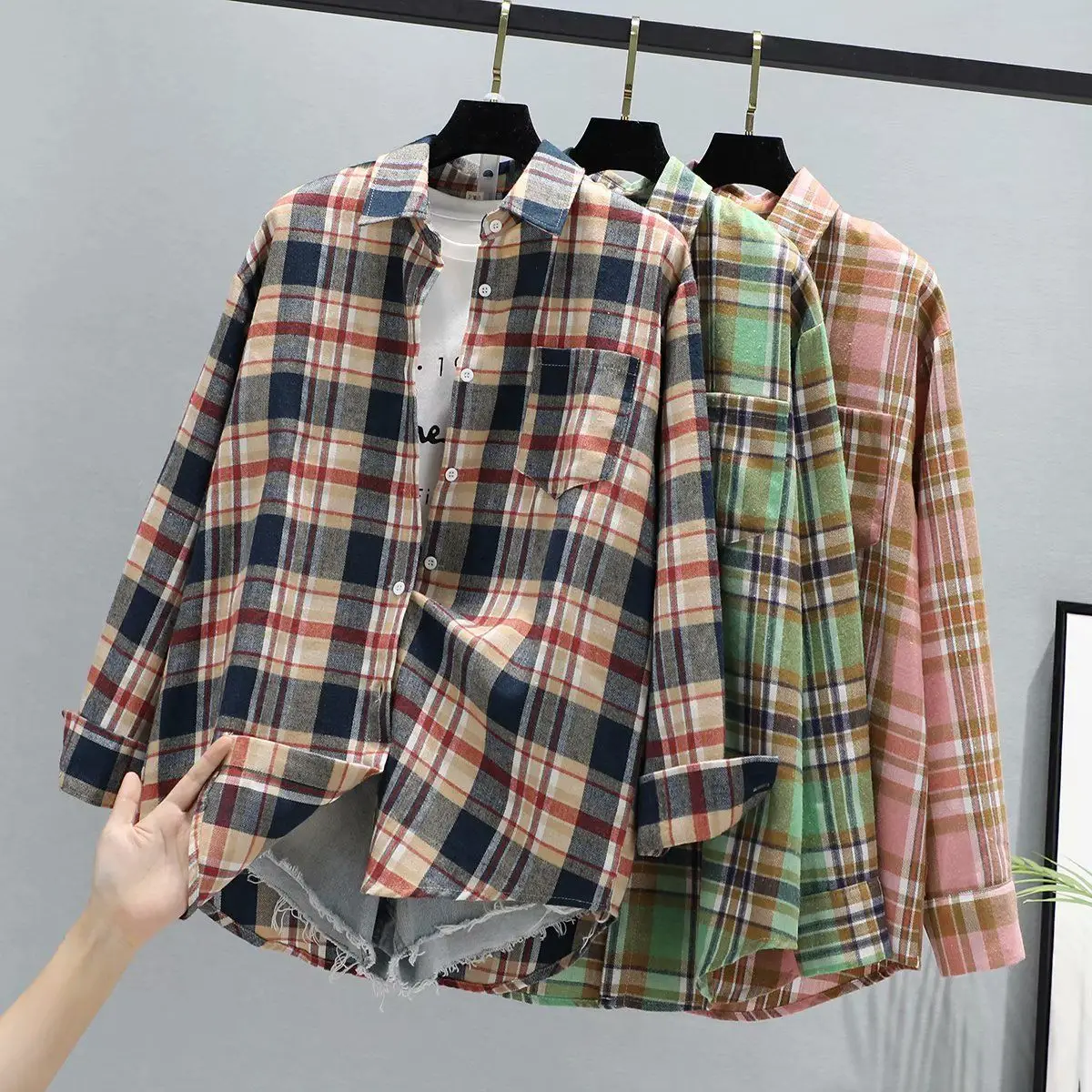 Women Plaid K-Style Shirt Summer 2024 Loose Brushed — feature 12