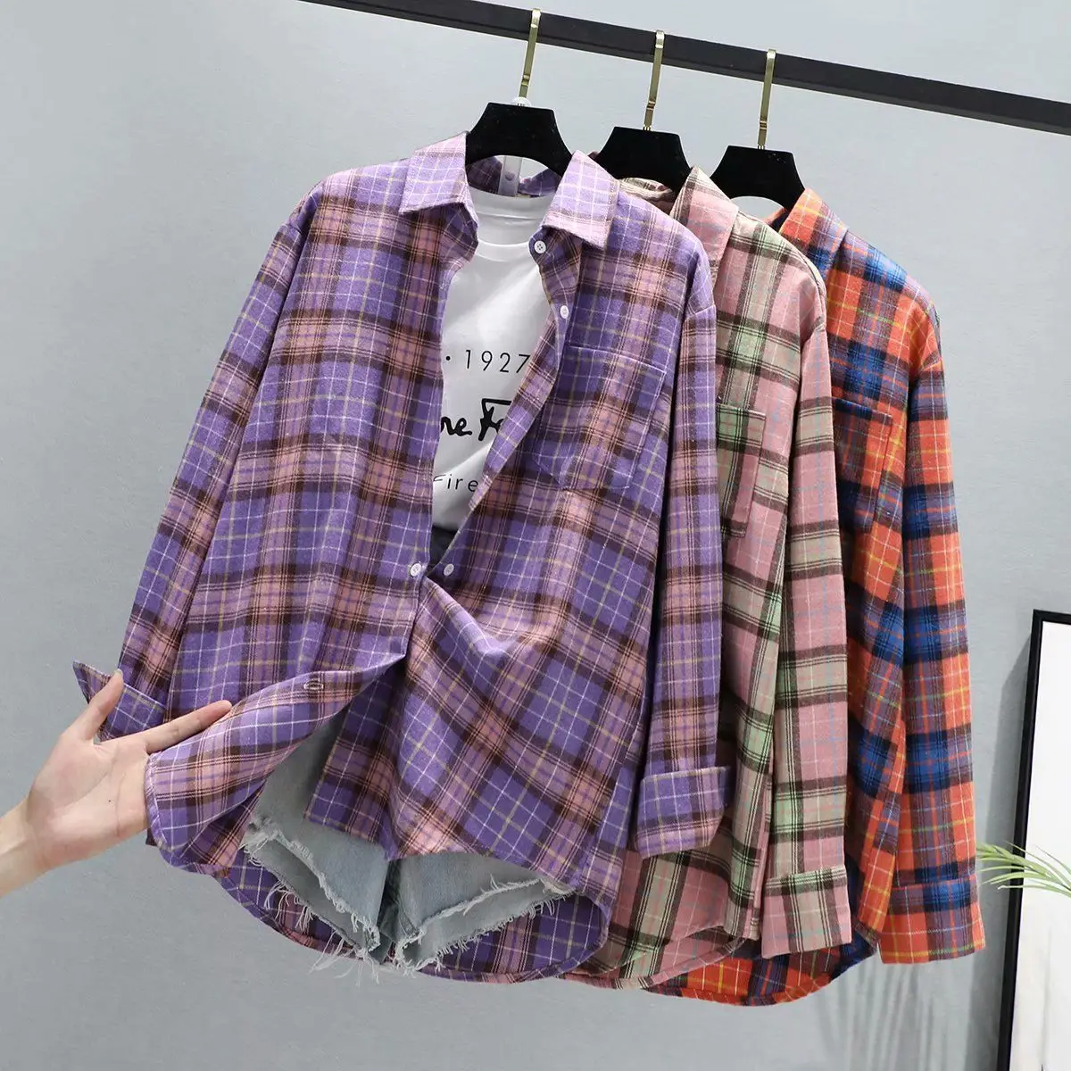 Women Plaid K-Style Shirt Summer 2024 Loose Brushed — feature 13