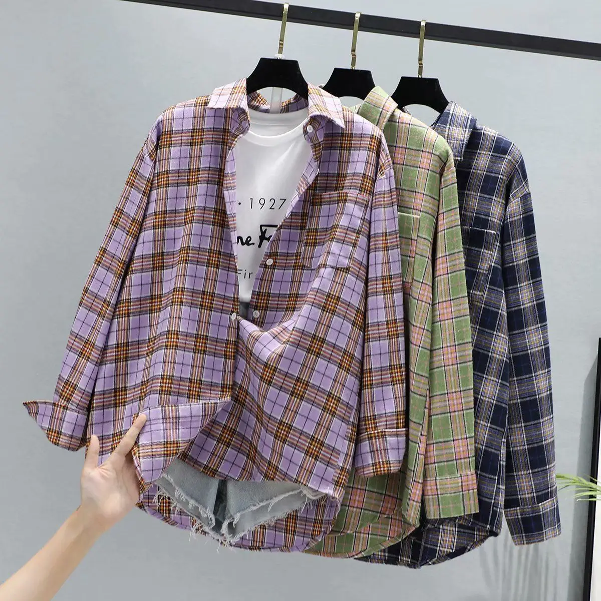 Women Plaid K-Style Shirt Summer 2024 Loose Brushed — feature 14