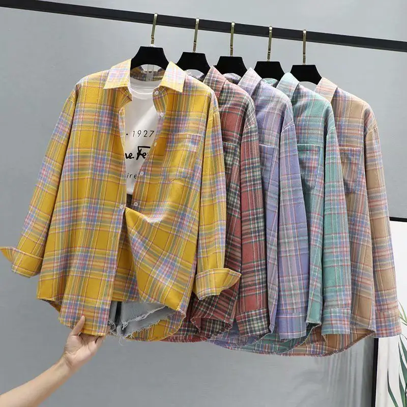 Women Plaid K-Style Shirt Summer 2024 Loose Brushed — feature 15