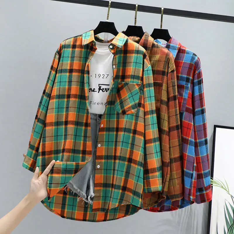 Women Plaid K-Style Shirt Summer 2024 Loose Brushed — feature 16
