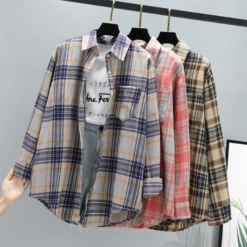 Women Plaid K-Style Shirt Summer 2024 Loose Brushed — feature 17