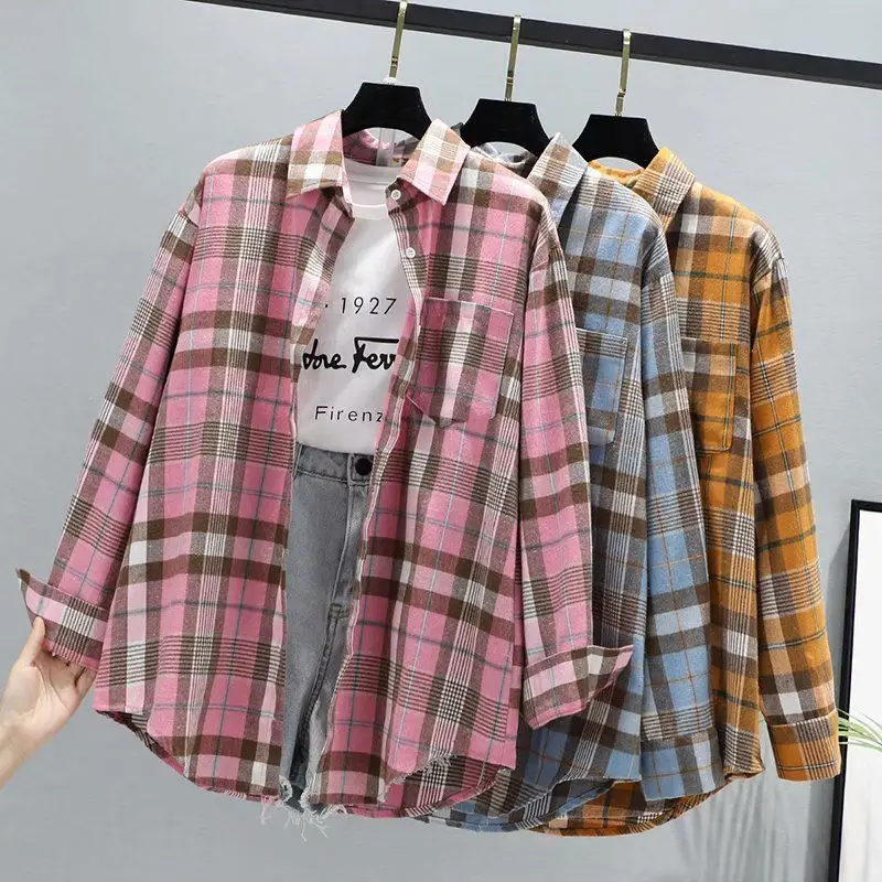Women Plaid K-Style Shirt Summer 2024 Loose Brushed — feature 18