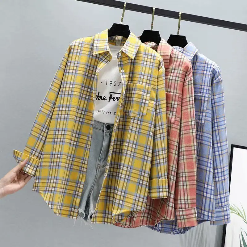 Women Plaid K-Style Shirt Summer 2024 Loose Brushed — feature 19
