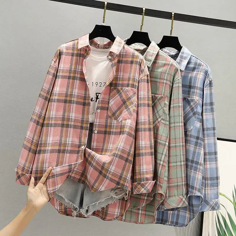 Women Plaid K-Style Shirt Summer 2024 Loose Brushed — feature 20
