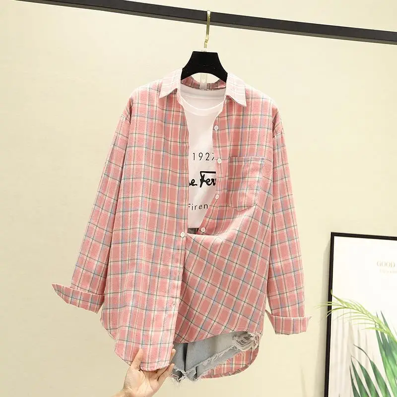 Women Plaid K-Style Shirt Summer 2024 Loose Brushed — feature 21