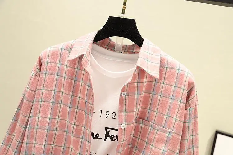 Women Plaid K-Style Shirt Summer 2024 Loose Brushed — feature 24