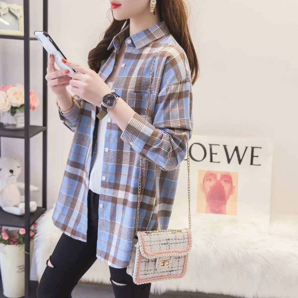 Women Plaid K-Style Shirt Summer 2024 Loose Brushed — feature 3