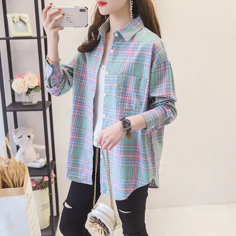 Women Plaid K-Style Shirt Summer 2024 Loose Brushed — feature 5