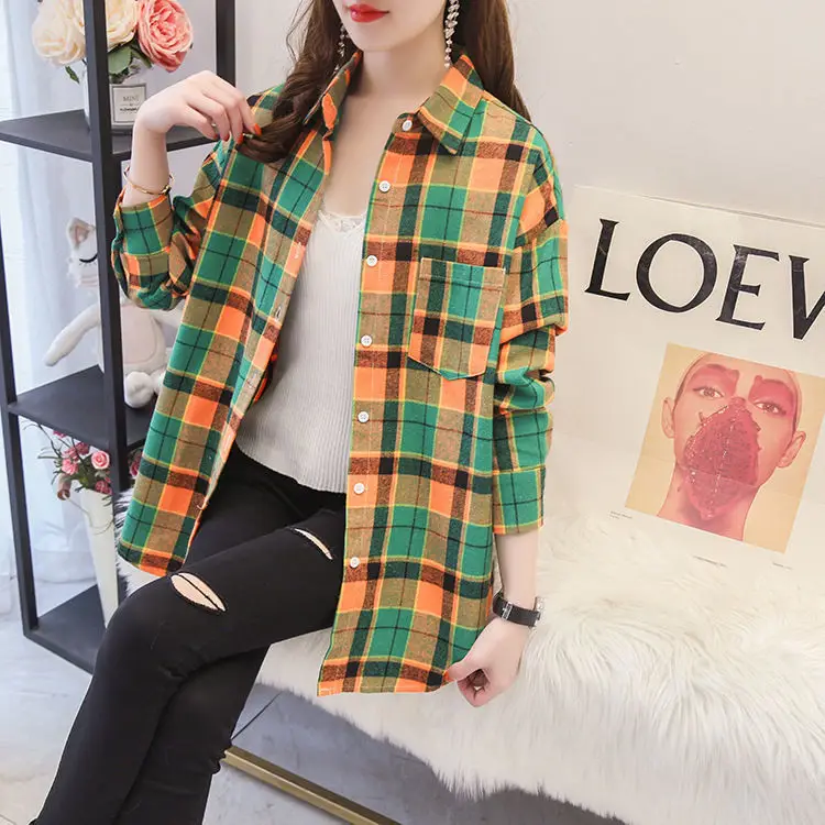 Women Plaid K-Style Shirt Summer 2024 Loose Brushed — feature 6