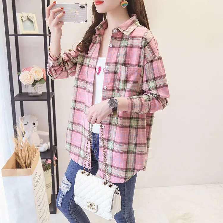 Women Plaid K-Style Shirt Summer 2024 Loose Brushed — feature 8