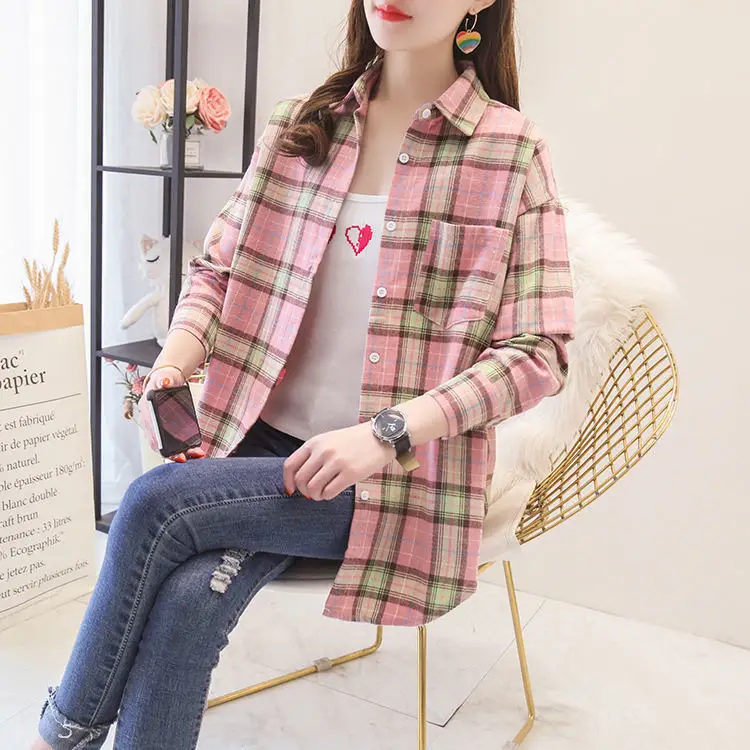 Women Plaid K-Style Shirt Summer 2024 Loose Brushed — feature 9