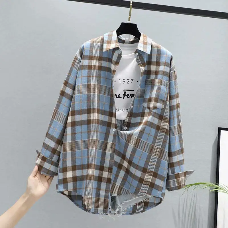 Women Plaid K-Style Shirt Summer 2024 Loose Brushed - Image 2