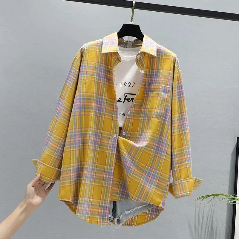 Women Plaid K-Style Shirt Summer 2024 Loose Brushed - Image 3
