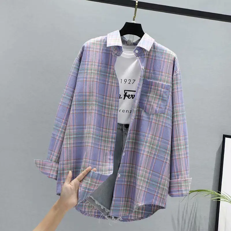 Women Plaid K-Style Shirt Summer 2024 Loose Brushed - Image 4