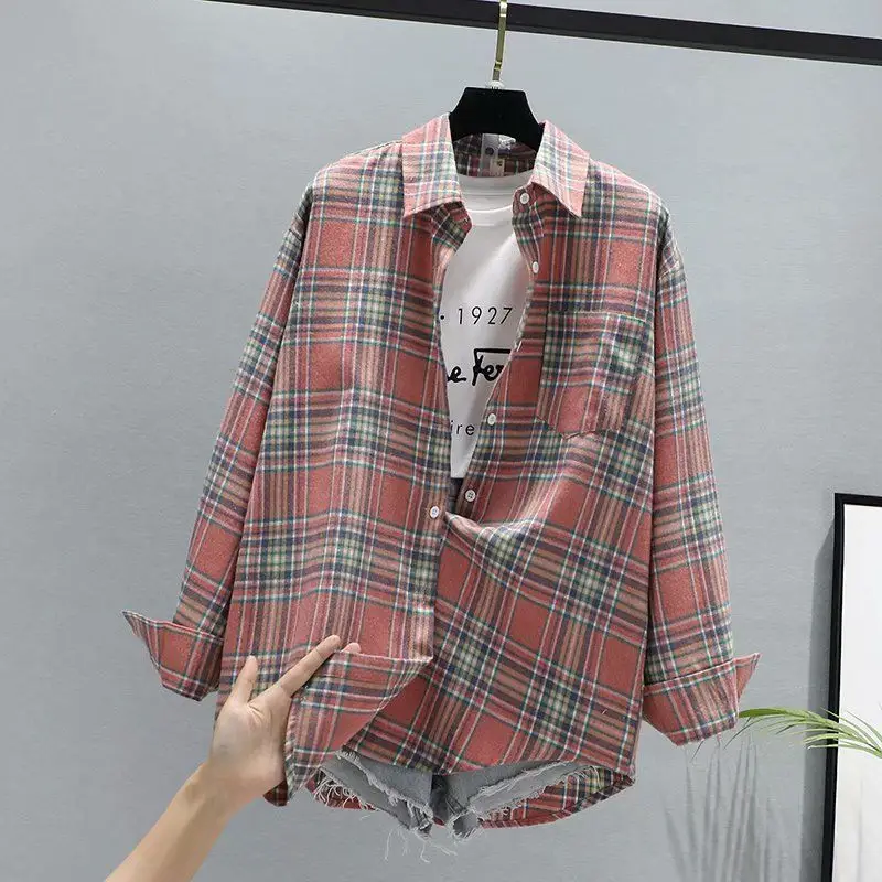 Women Plaid K-Style Shirt Summer 2024 Loose Brushed - Image 5