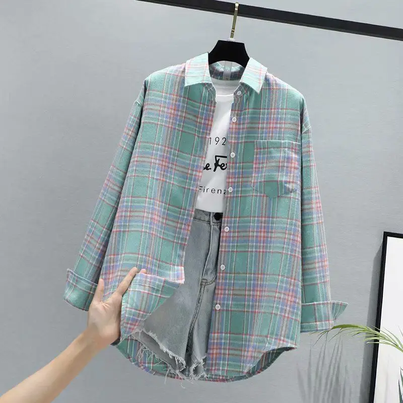 Women Plaid K-Style Shirt Summer 2024 Loose Brushed - Image 6