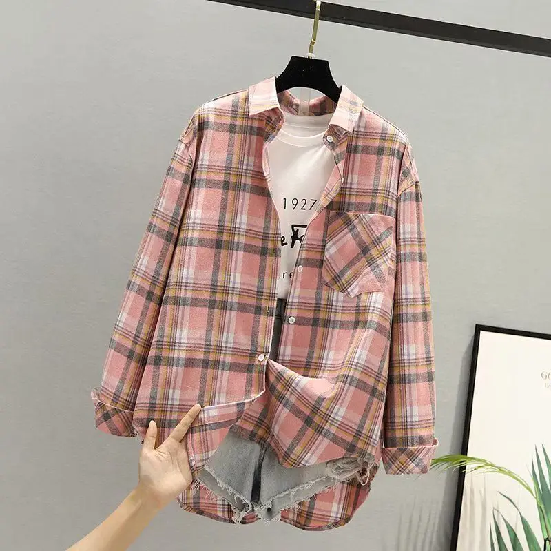 Women Plaid K-Style Shirt Summer 2024 Loose Brushed - Image 7