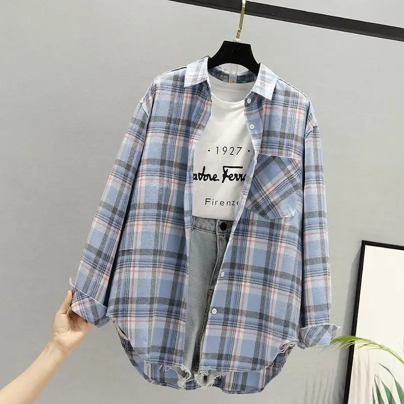 Women Plaid K-Style Shirt Summer 2024 Loose Brushed - Image 8