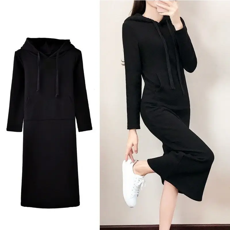 Women Grey Hooded Long Sleeve Sweatshirt Bottom Dress 2025 - Image 6