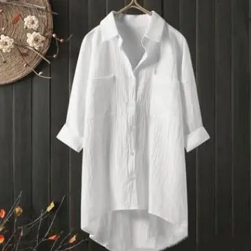 Women Cotton Linen Shirt White Loose Autumn 2020 - Image 6