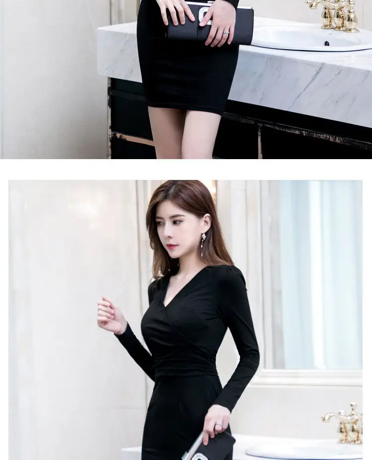 Long Sleeve V Neck Slim Fit Hip Hug Bottom Dress Purple Black — feature 10