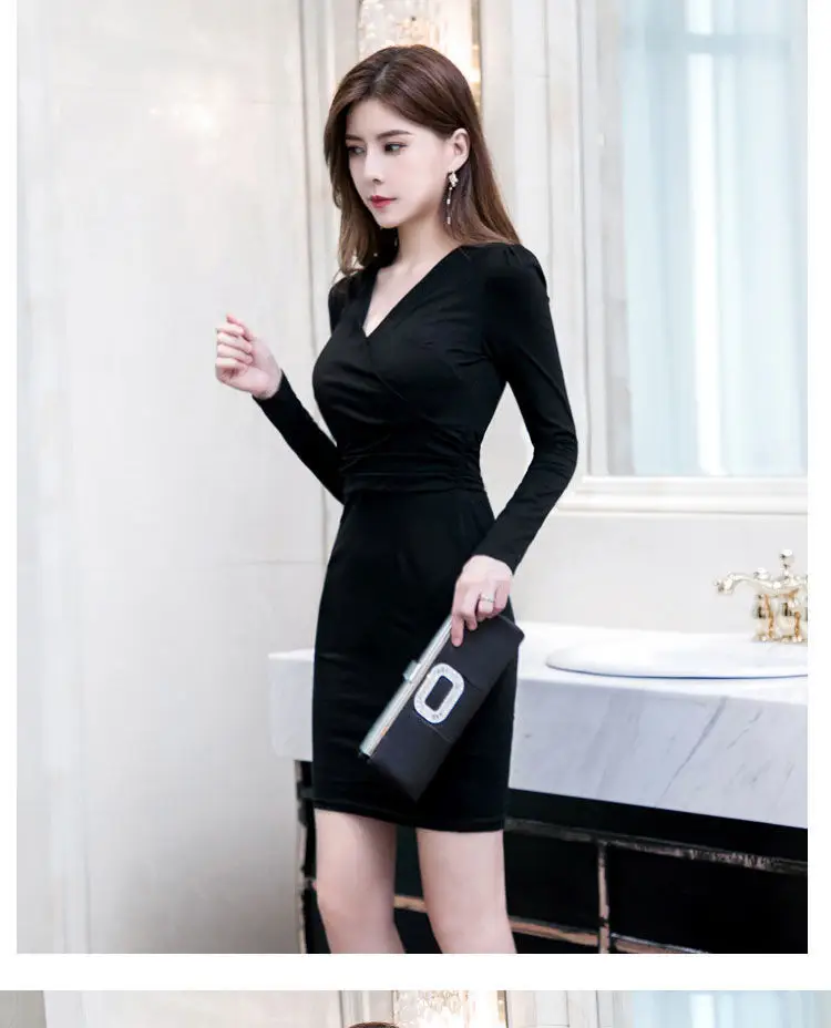 Long Sleeve V Neck Slim Fit Hip Hug Bottom Dress Purple Black — feature 12