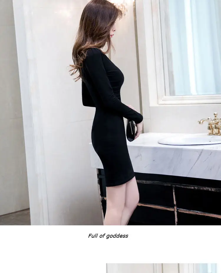 Long Sleeve V Neck Slim Fit Hip Hug Bottom Dress Purple Black — feature 13