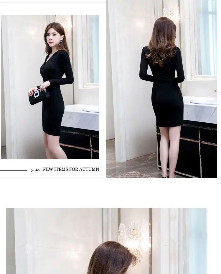 Long Sleeve V Neck Slim Fit Hip Hug Bottom Dress Purple Black — feature 14