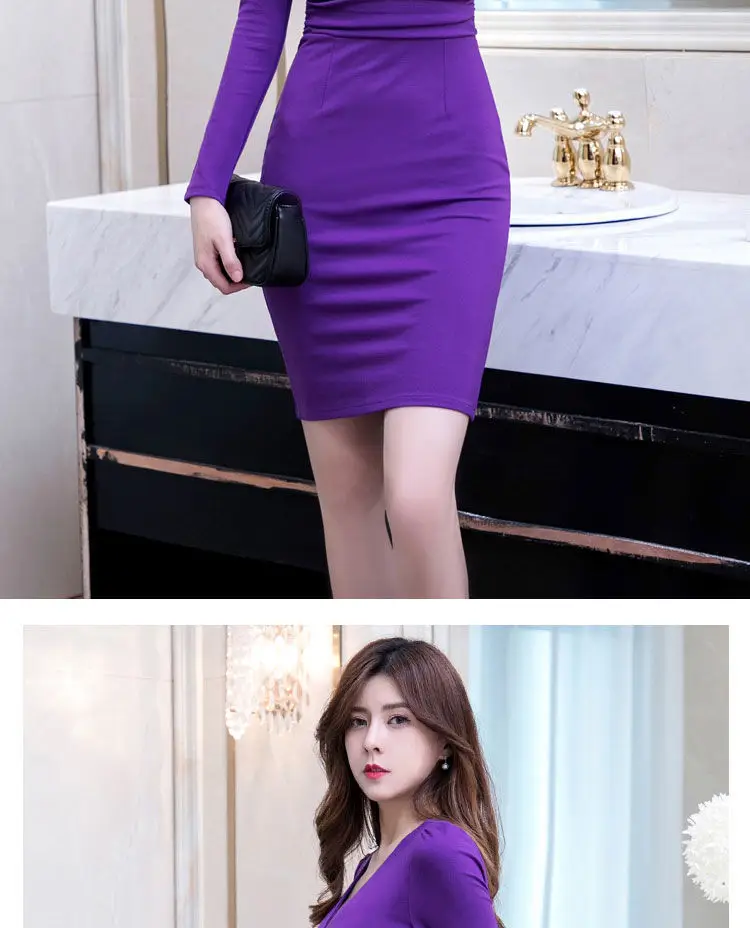 Long Sleeve V Neck Slim Fit Hip Hug Bottom Dress Purple Black — feature 4