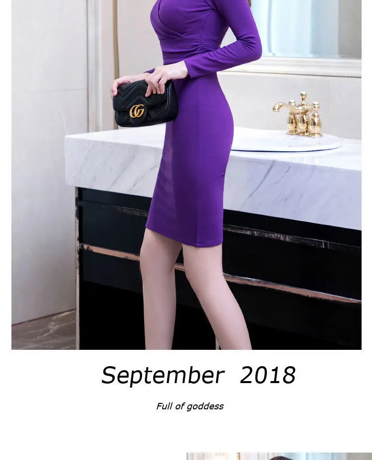 Long Sleeve V Neck Slim Fit Hip Hug Bottom Dress Purple Black — feature 5