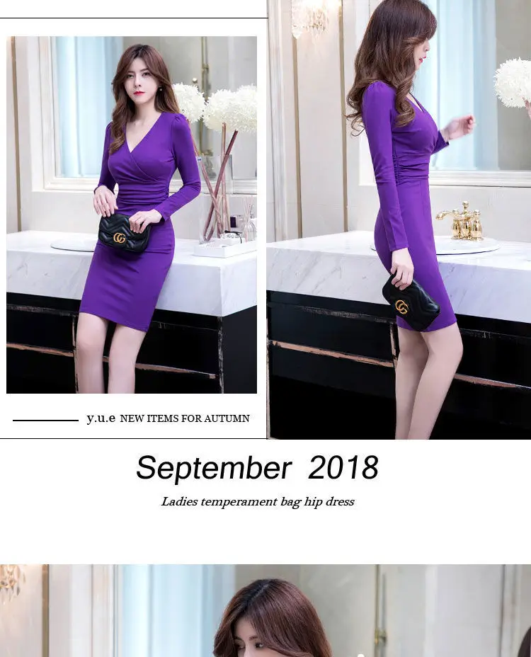 Long Sleeve V Neck Slim Fit Hip Hug Bottom Dress Purple Black — feature 6