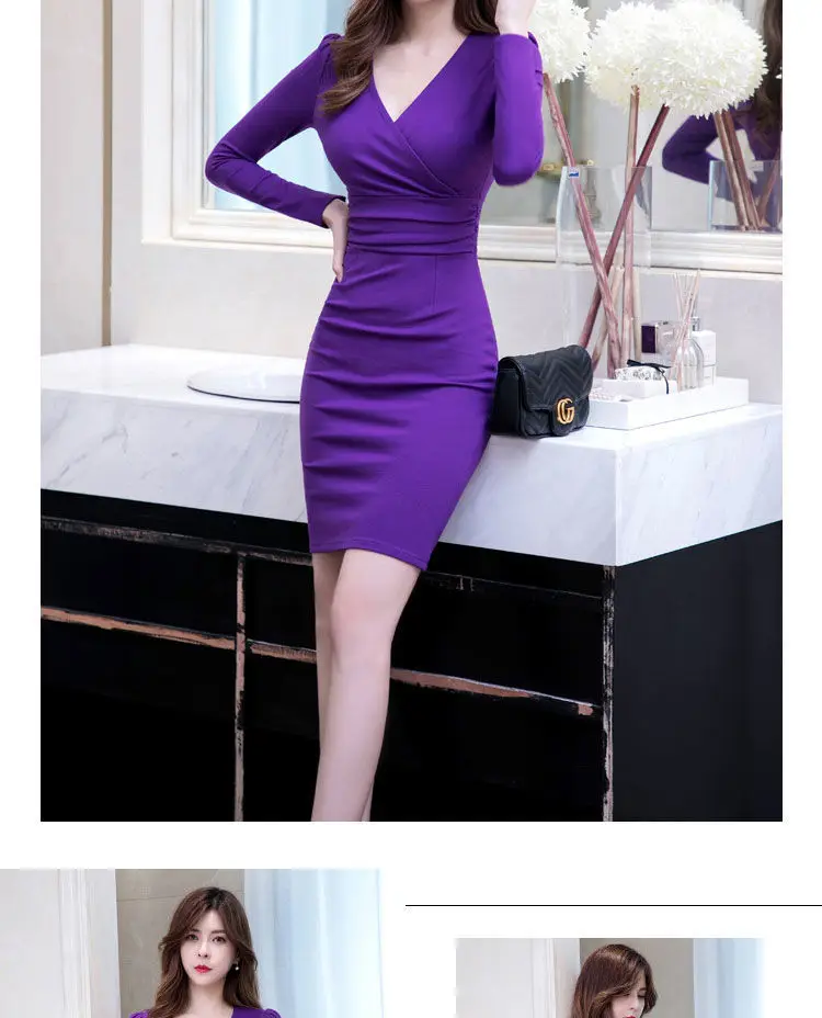 Long Sleeve V Neck Slim Fit Hip Hug Bottom Dress Purple Black — feature 8