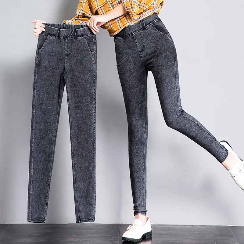 Women Slim Fit Denim Pencil Pants Black Grey