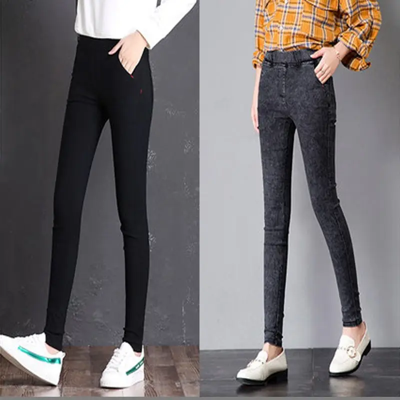 Women Slim Fit Denim Pencil Pants Black Grey