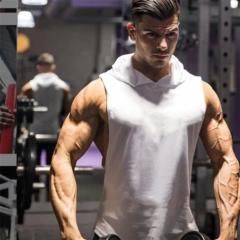 Men White Sleeveless Hooded Vest Training Wear - Image 7