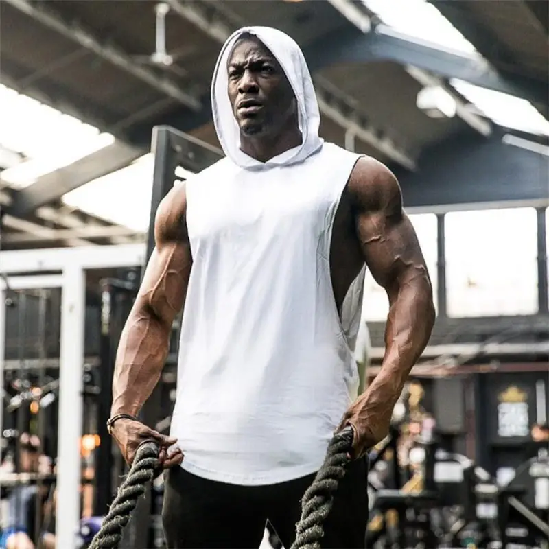 Men White Sleeveless Hooded Vest Training Wear - Image 8
