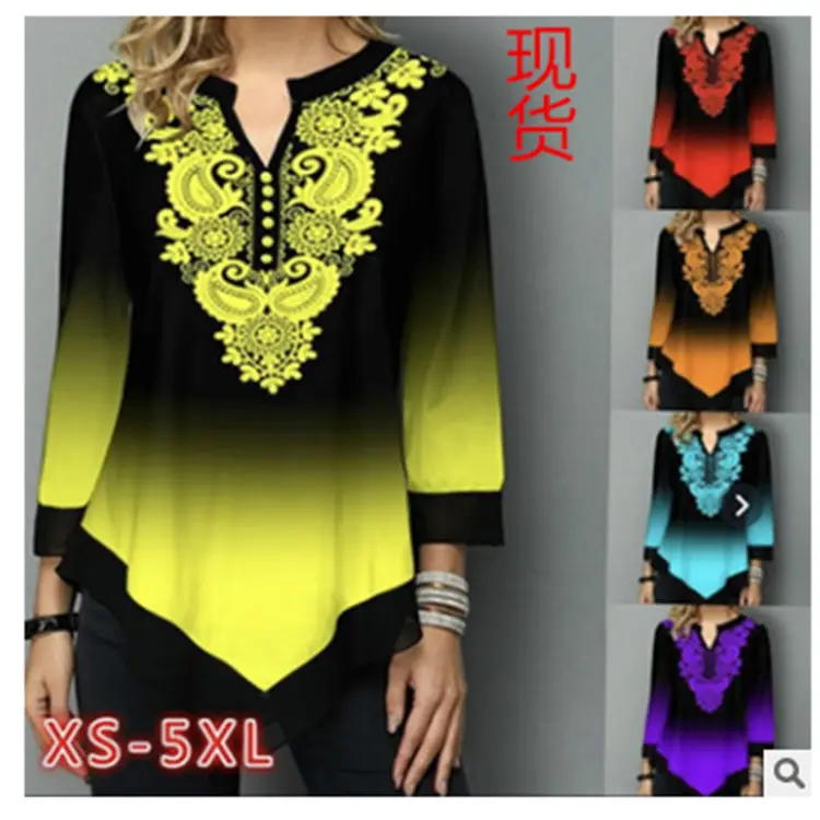 Women Gradient Embroidered Crewneck Top Black Blue - Image 6