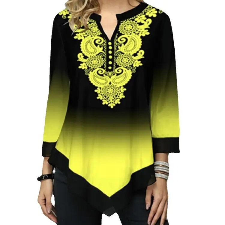 Women Gradient Embroidered Crewneck Top Black Blue - Image 7