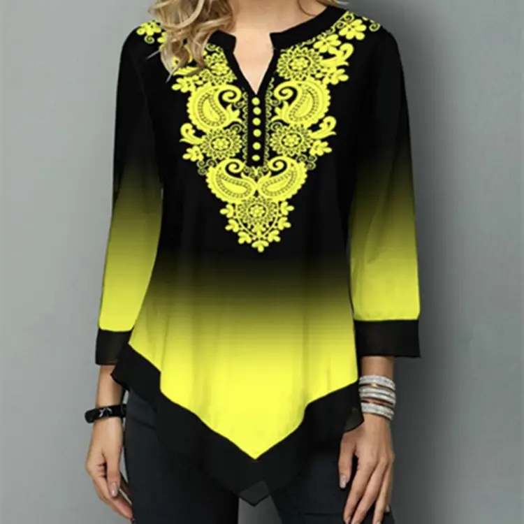 Women Gradient Embroidered Crewneck Top Black Blue - Image 3
