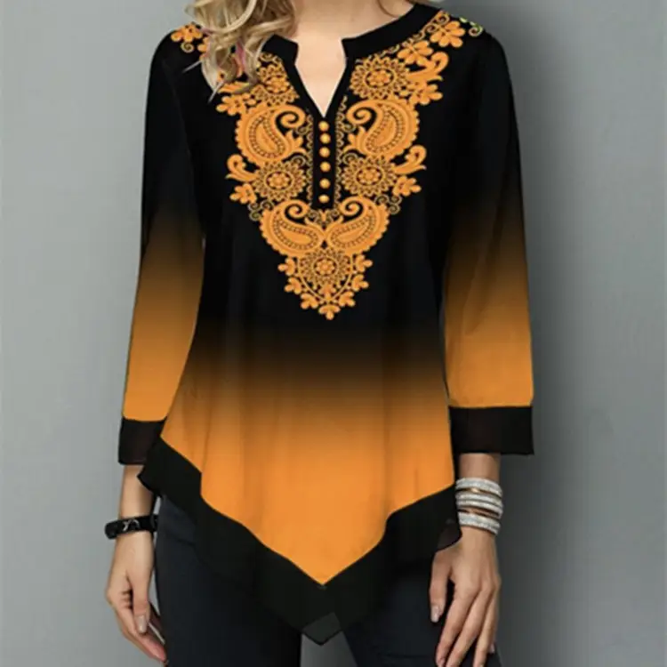 Women Gradient Embroidered Crewneck Top Black Blue - Image 4
