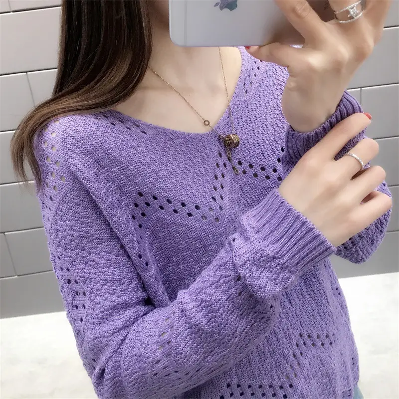 2025 Women's Purple Hollow Knit V Neck Sweater - Image 8