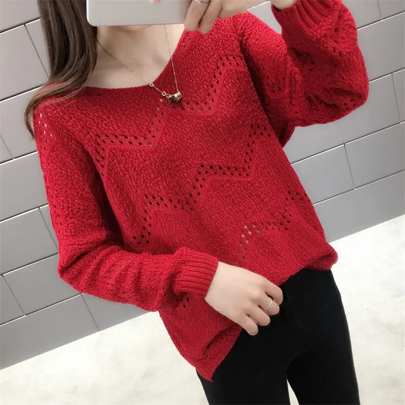 2025 Women's Purple Hollow Knit V Neck Sweater - Image 3