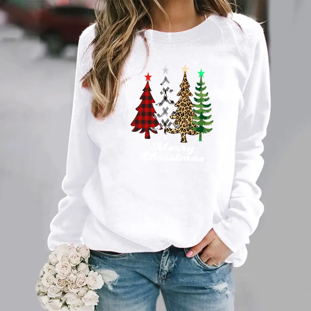Women Pink Christmas Tree Sweatshirt Long Sleeve Round Neck