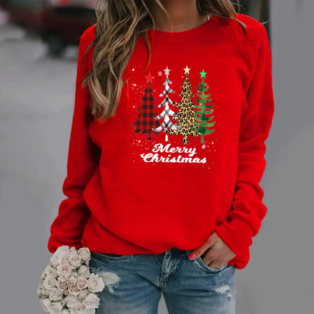 Women Pink Christmas Tree Sweatshirt Long Sleeve Round Neck